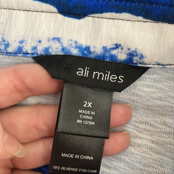 Ali Miles Lagenlook Blouse wired collar Blue artsy Geometric Long Sleeve PLUS 2X - Picture 5 of 11